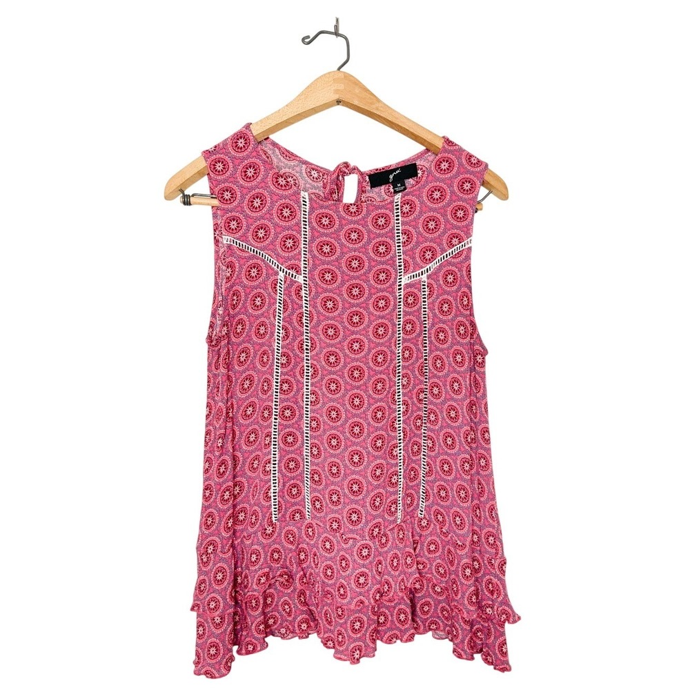 GNW Womens Colorful Pink Geometric Print Sleeveless Ruffle Blouse Medium M